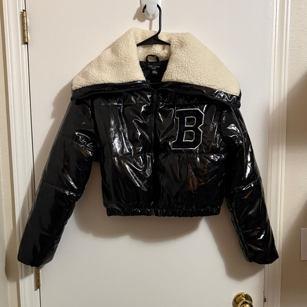 Black Puffer Jacket with Cream Collar